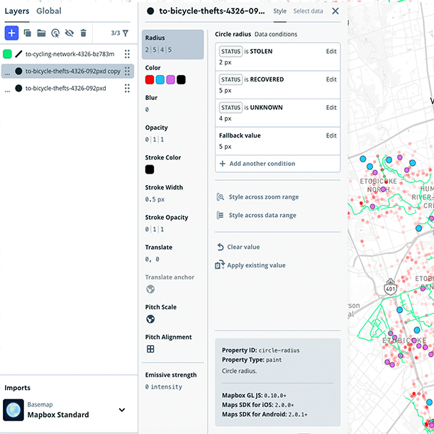 Diving deeper into mapbox and styling new datasets- bicycle thefts in Toronto VS bicycle routes and collection stations