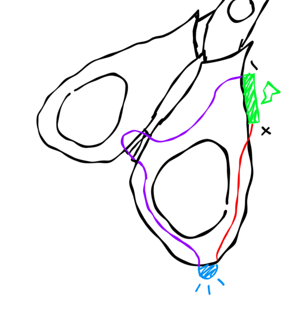 Thinking about interactions with everyday objects, I created some simple concepts for scissors. When they close the circuit lights up the LED.