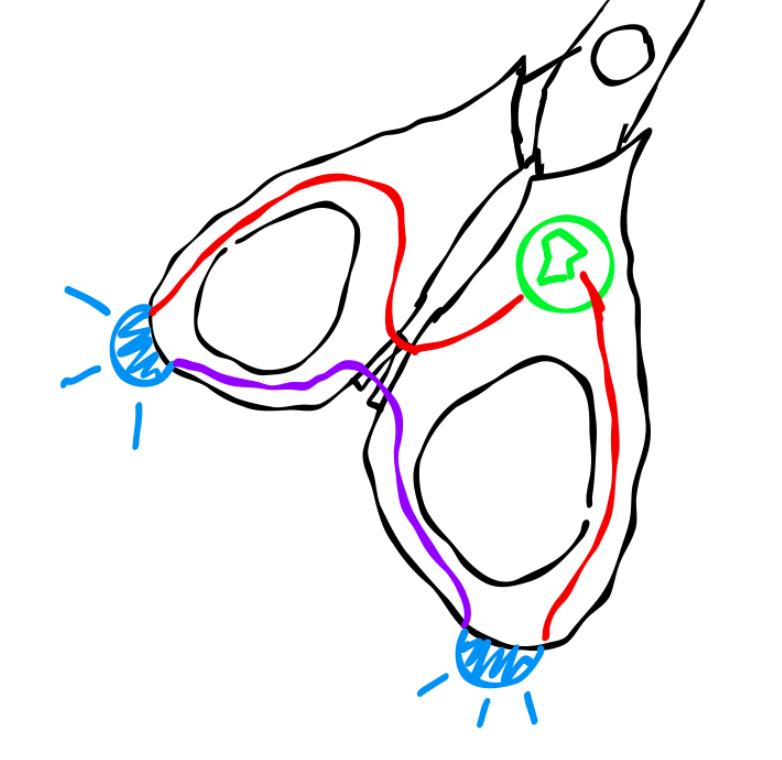 Thinking about interactions with everyday objects, I created some simple concepts for scissors. When they close the circuit lights up the LED.